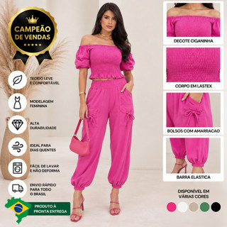 Calça Aladim Feminina 100% Algodão Cintura Alta com Bolsos Confortável Casual Verão P M G