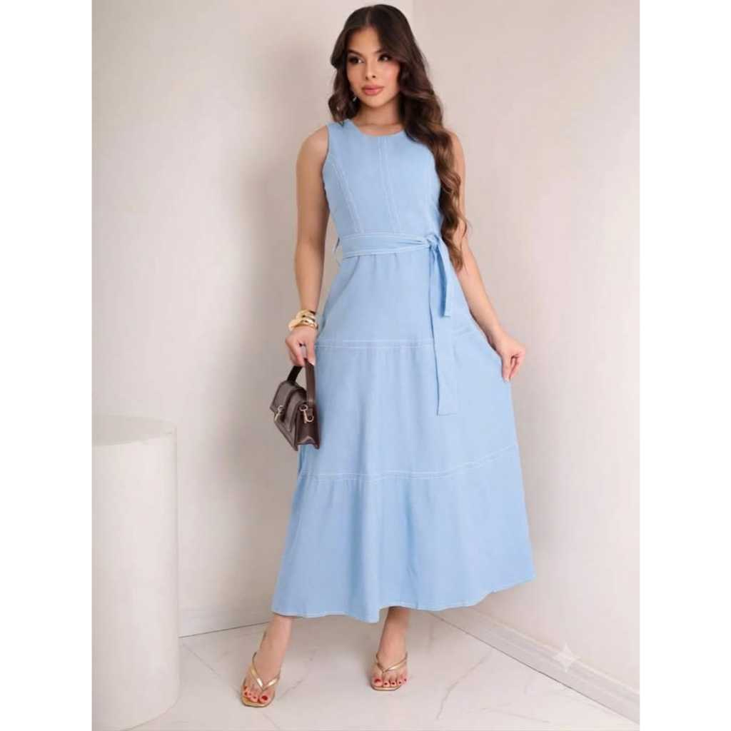 VESTIDO MIDI FEMENINO ELEGANTE COLA REDONDA COM CINTO LASTEX NAS COSTAS TECIDO SENSORIAL MARRANTE — imagem 2 de 2