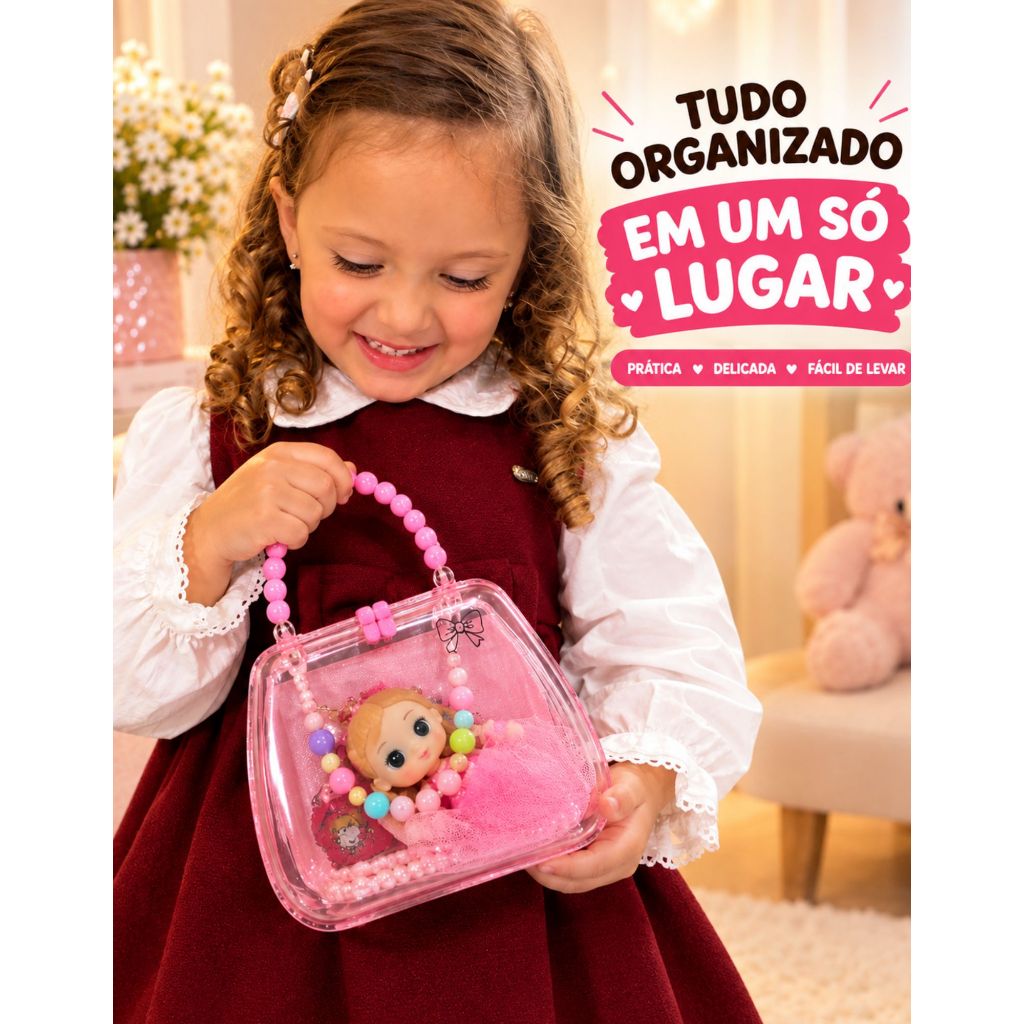 Bolsinha Infantil Acrílica Menina com Chaveiro De Boneca E Colar Kit Presente Delicado Para Passeios