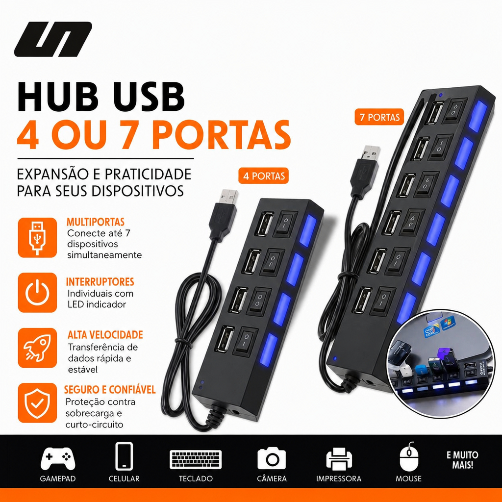 Hub USB 2.0 4/7 Portas Régua Extensão Pen Drive Teclado 480Mbps