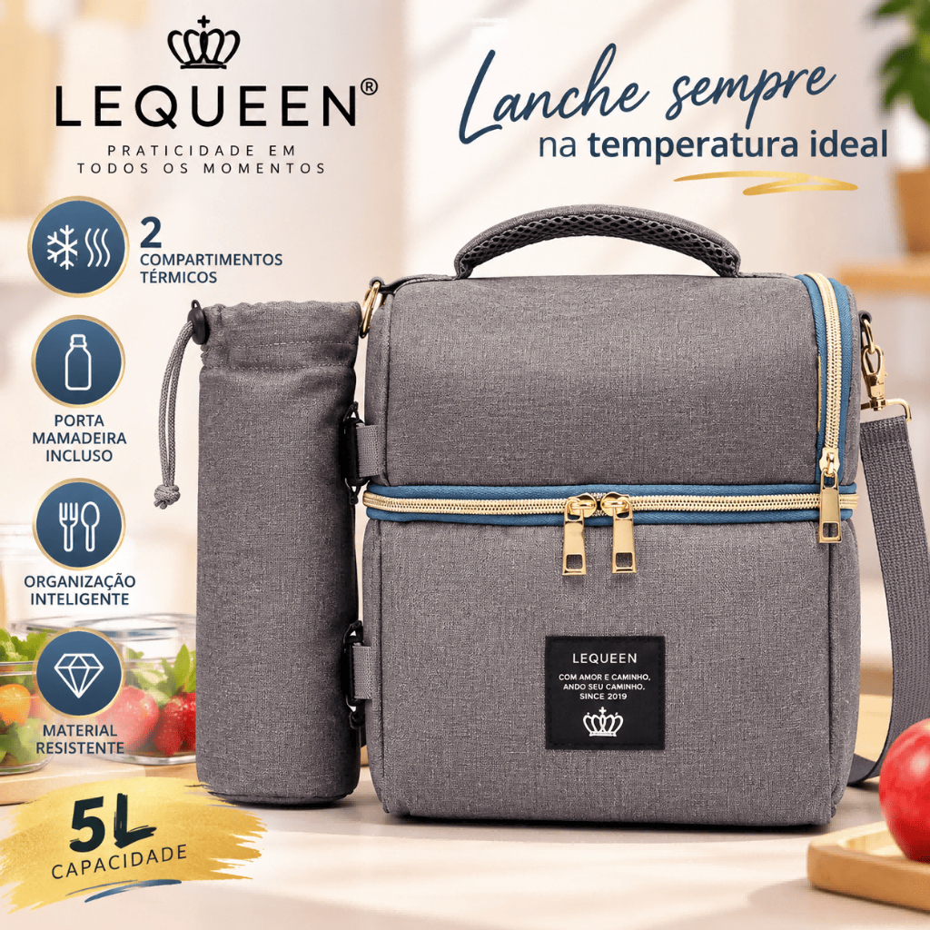 Bolsa Lancheira Térmica Lequeen Original Para Marmita Alimentos Com Porta Garrafa