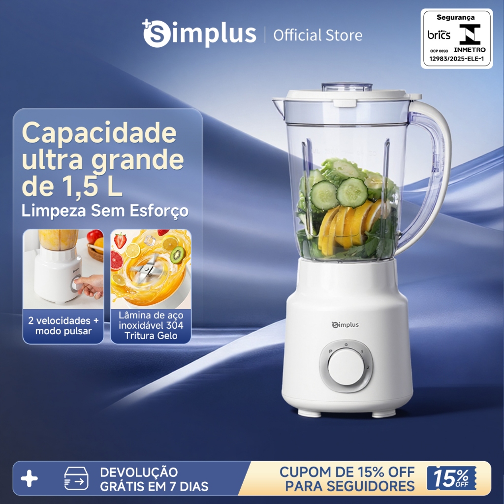 Simplus Liquidificador 1,5L 500W 2 Velocidades Jarra Resistente Lâminas em Aço Inox Multifuncional LLJH011 127V