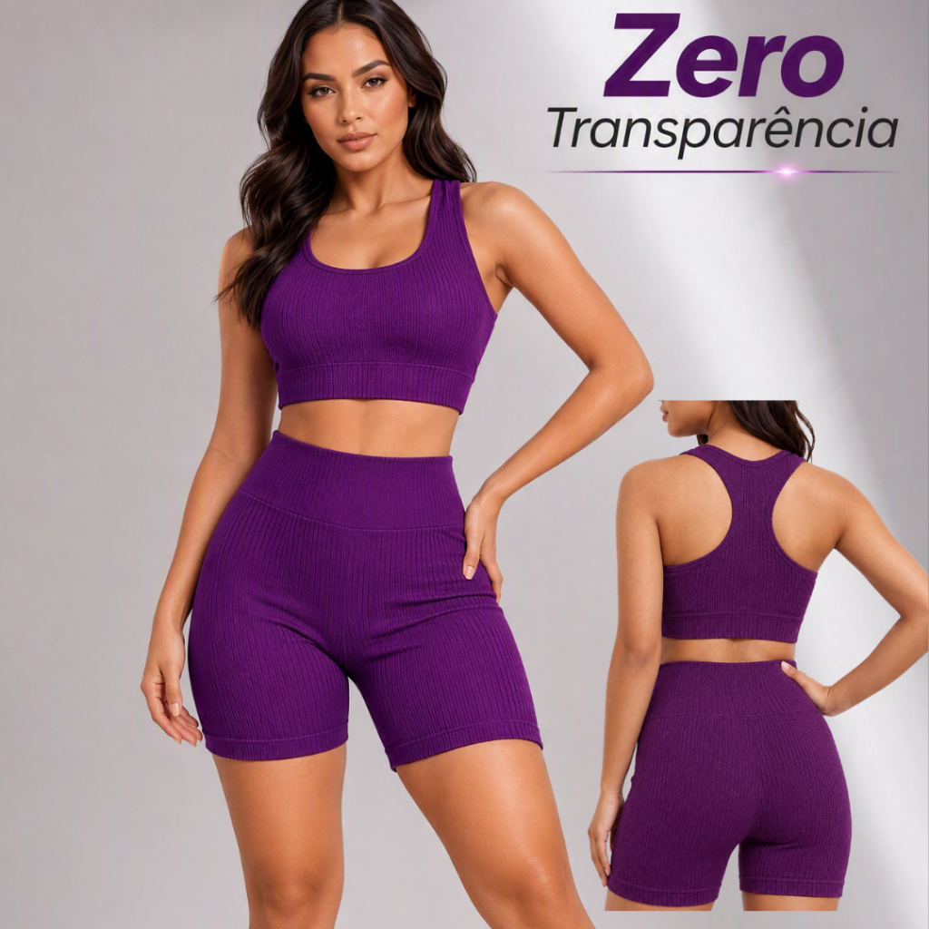 Conjunto Academia Fitness Feminino CompressãoTop + Shorts Zero Transparência Cintura Alta