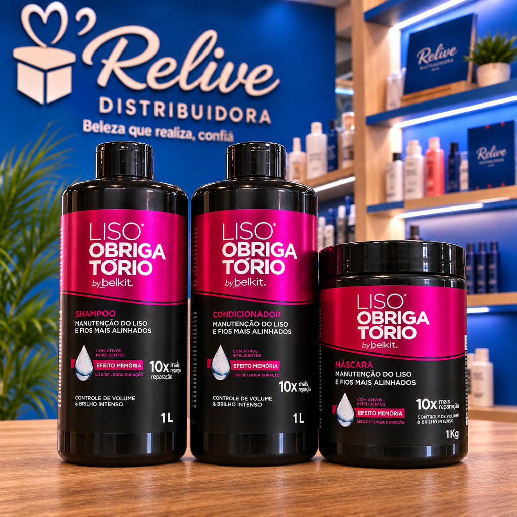 Kit Capilar PROFISSIONAL 03 itens Liso Obrigatório BELKIT de 1 LITRO Shampoo Condicionador Mascara