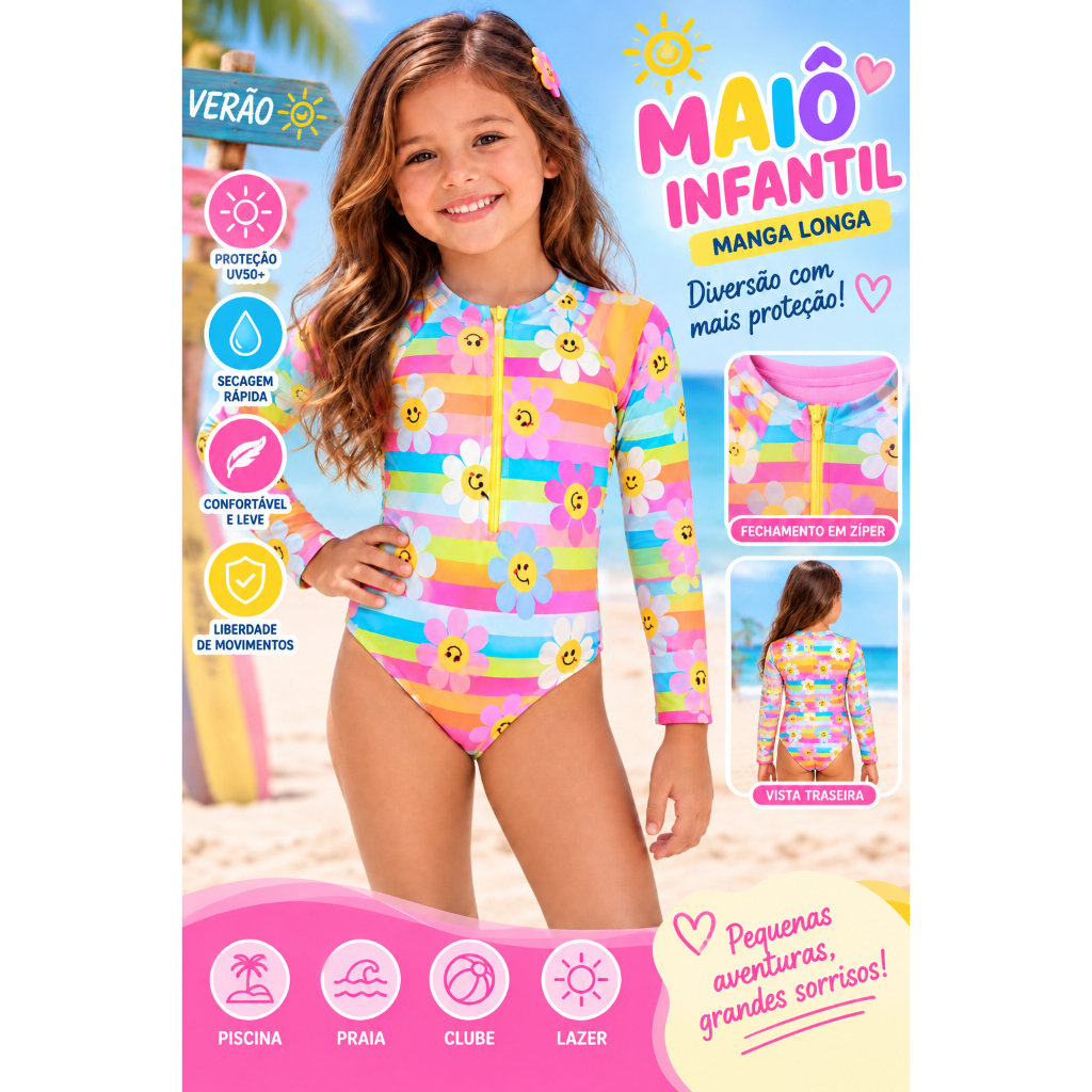 Maiô Infantil Menina Praia Manga Longa Zíper Proteção UV Floral Piscina Moda Praia Lançamento