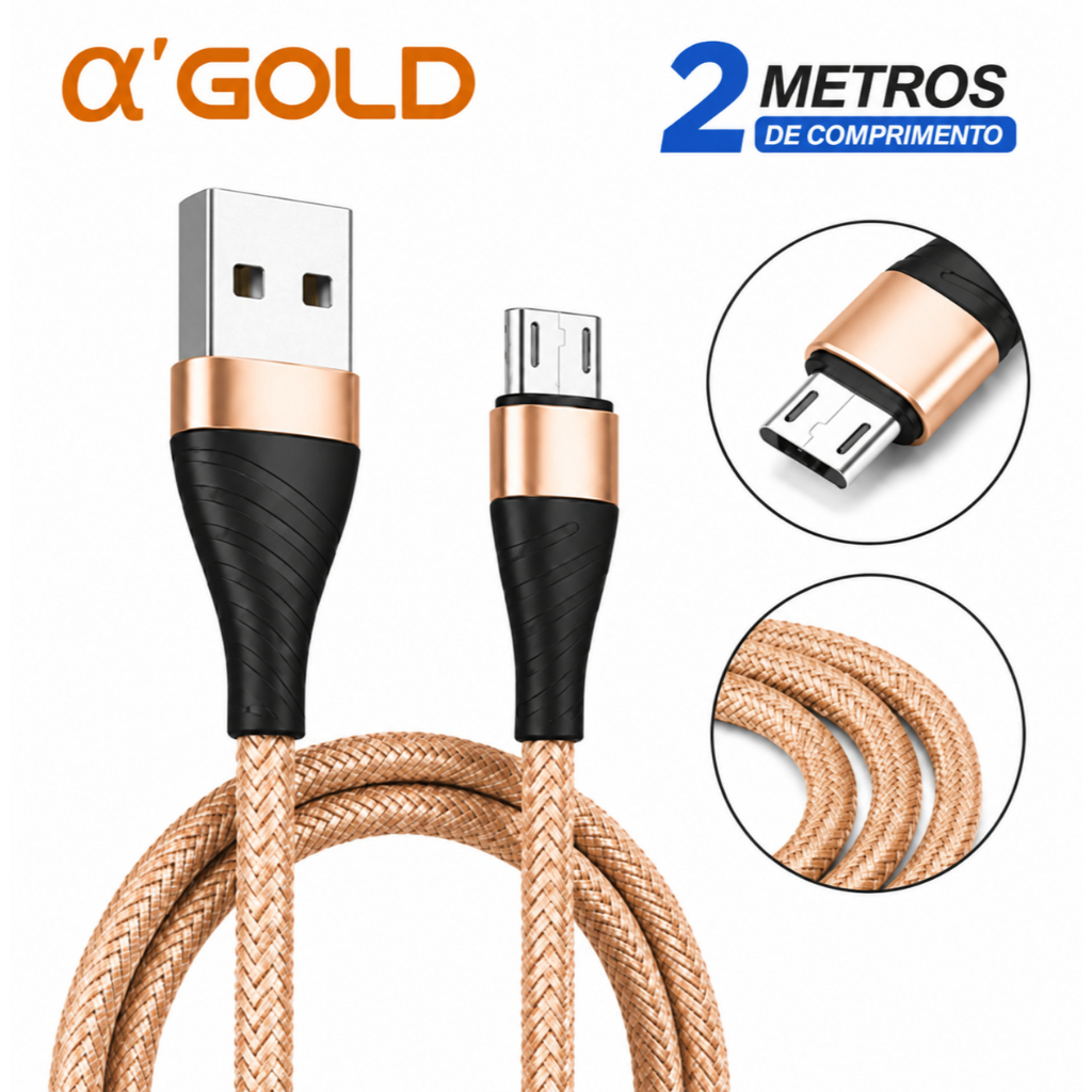 Cabo Carregador V8 Carga Rápida 2 Metros Android Reforçado Micro USB Original A'Gold