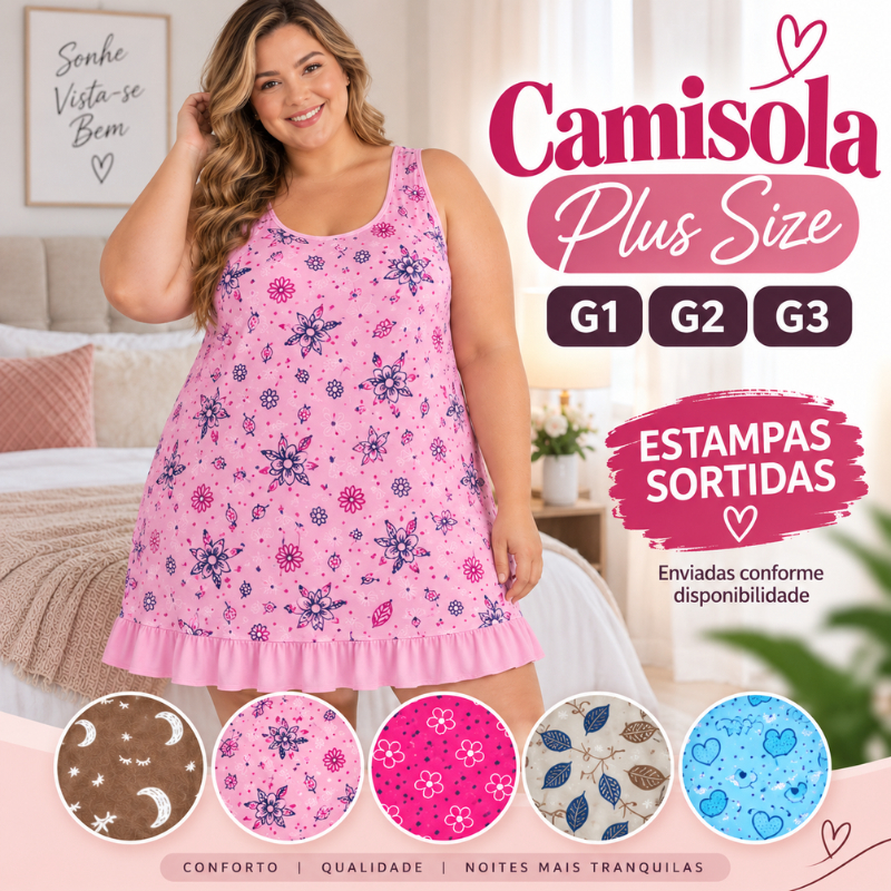 Camisola Plus Size Feminina G1 G2 G3 Regata  Confortável Estampada Noite Conforto |03PL| Oferta