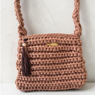 Bolsa de Crochê Fio de Malha Terracota Feminina Artesanal com Zíper Forrada Alça de Ombro