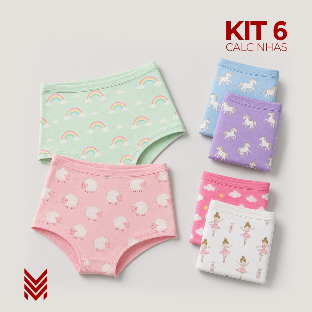 Kit 6 Calcinhas Infantil Feminina Menina Shortinho Boxer Algodão Confortável Estampas Sortidas