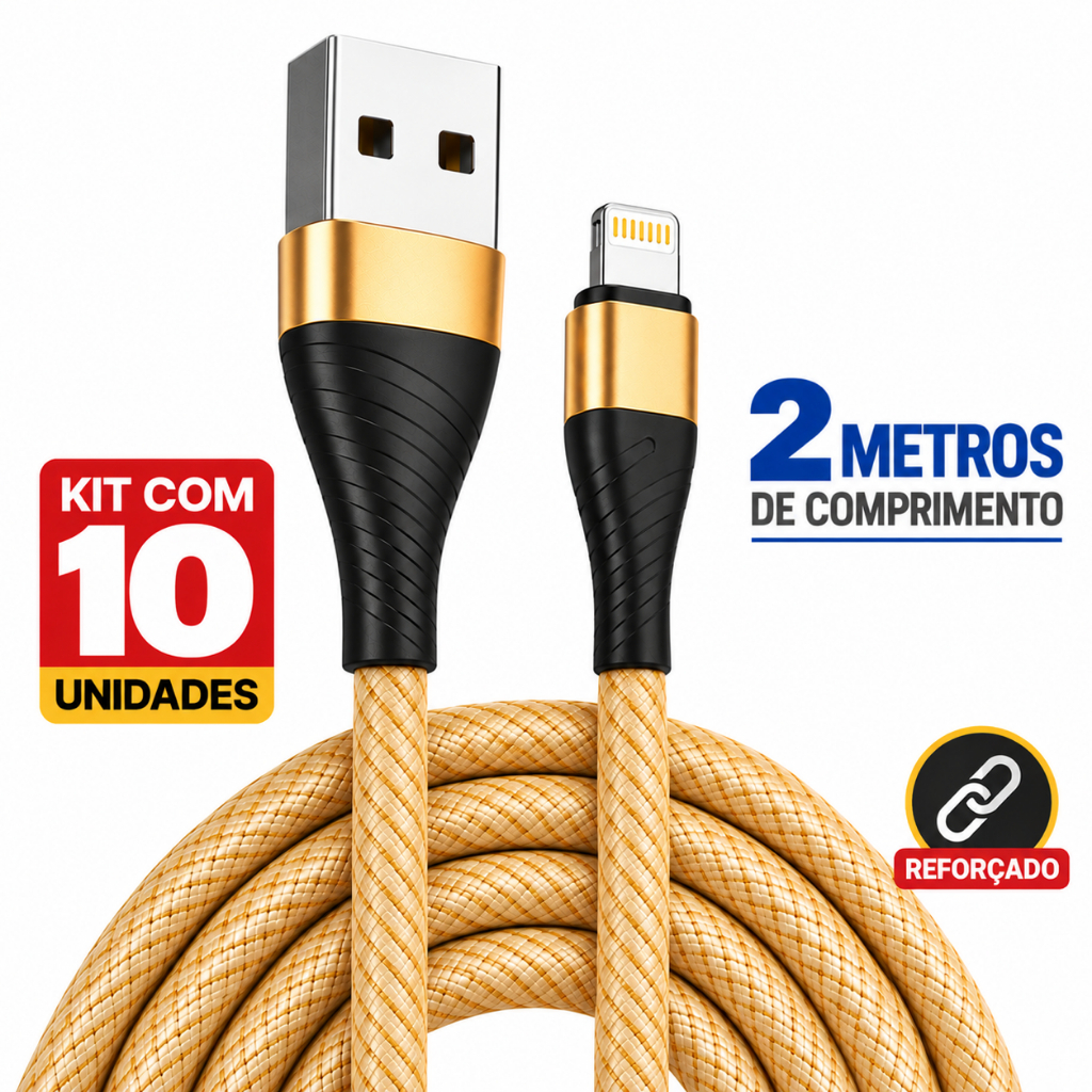 Kit 10 Cabos Carregador Rápido 3.4a Nylon 2 Metros iPhone Inova Original