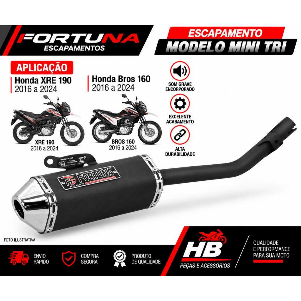 Escapamento Nxr Bros 160 Ano 2015 a 2024- Xre 190 Fortuna F1 Mini Tri Oval