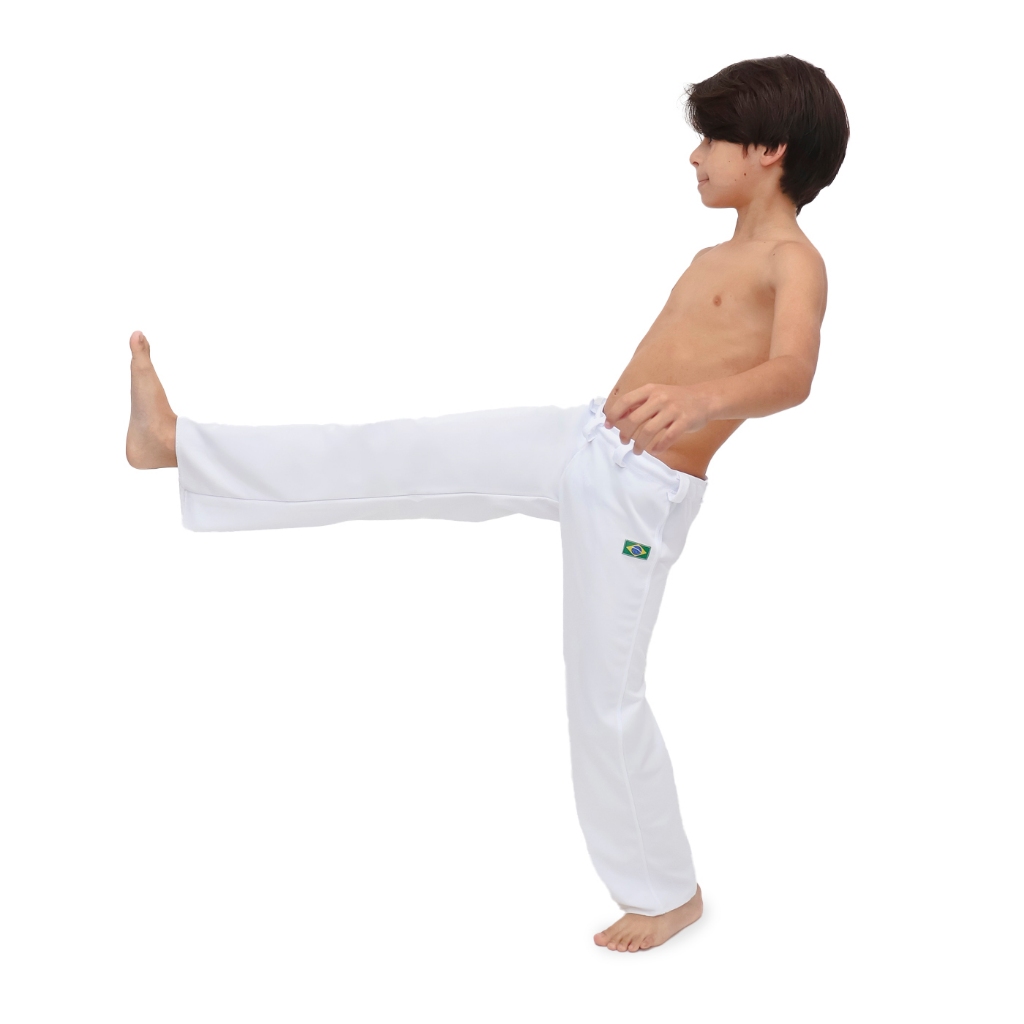 Calça Capoeira Infantil Brasilwear Abada Branco Helanca Reforçada Batizado Roda Contemporanea Angola Regional