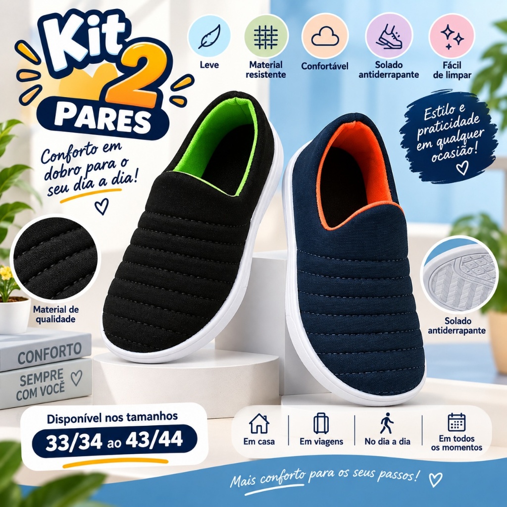 Kit 2 Pares Tênis Calce Infantil Menino Escolar Leve Confortável Personagens
