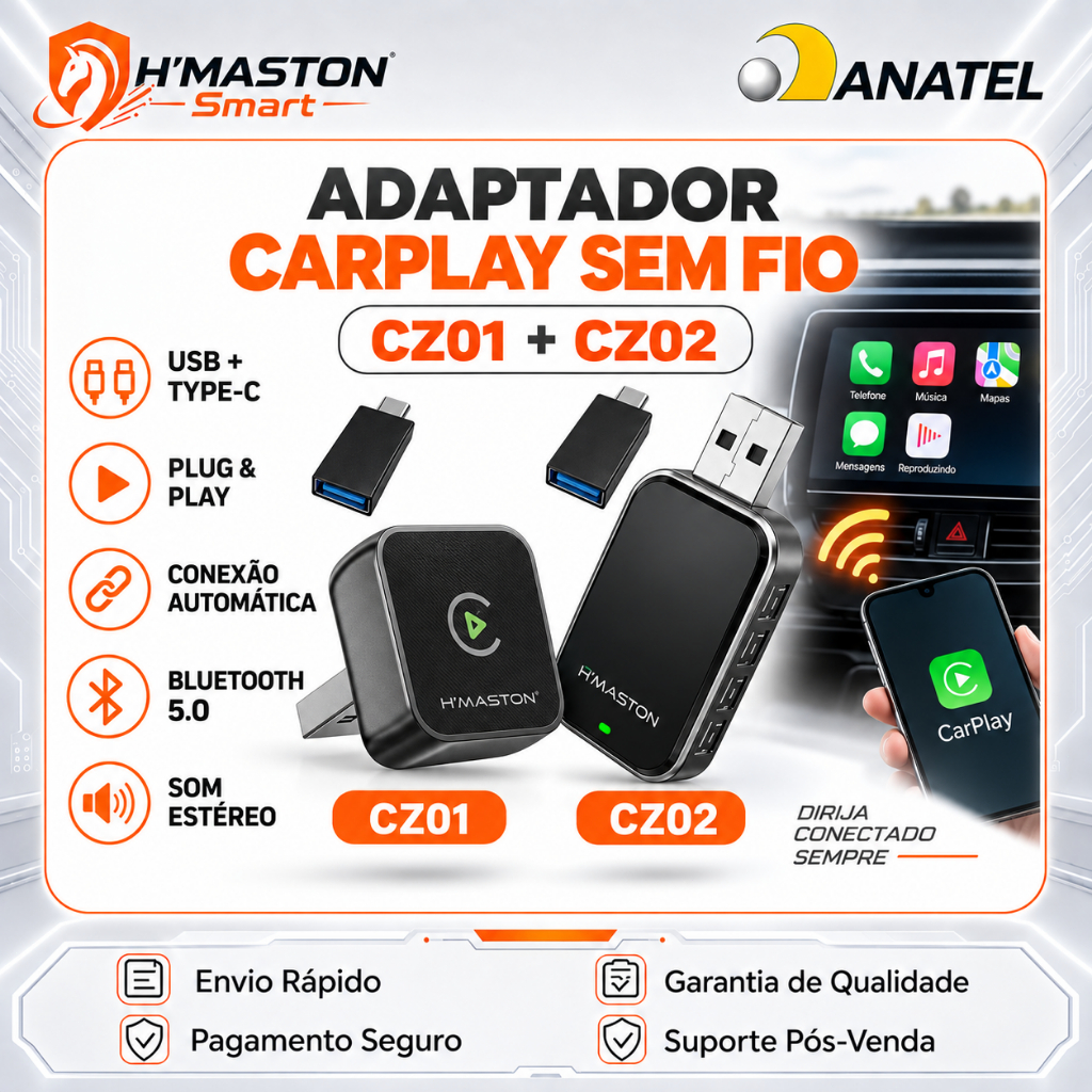 H’MASTON CZ01 Adaptador Bluetooth Carro Adaptador Carplay Sem Fio Carplay Automotivo Carplay Android Auto Sem Fio