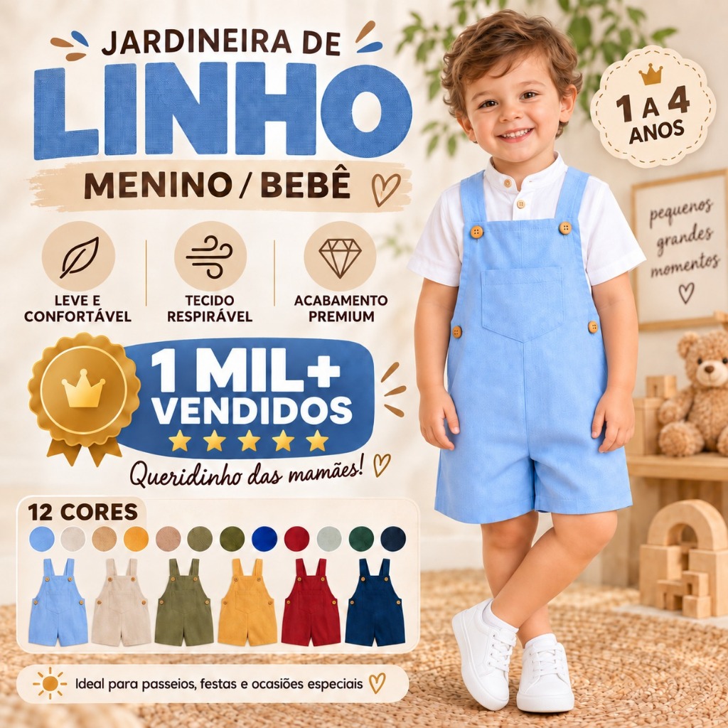 Jardineira Infantil Menino Bebê - Macacão em Linho