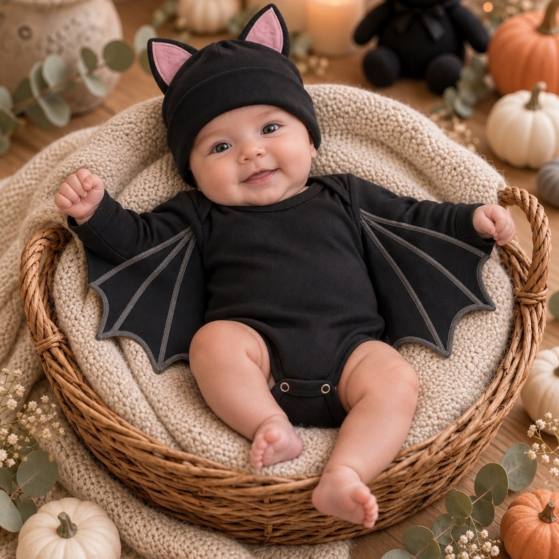 Body Bebê Halloween Morcego Preto Manga Longa com Asas