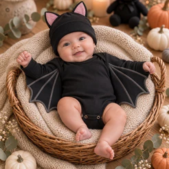 Body Bebê Halloween Morcego Preto Manga Longa com Asas