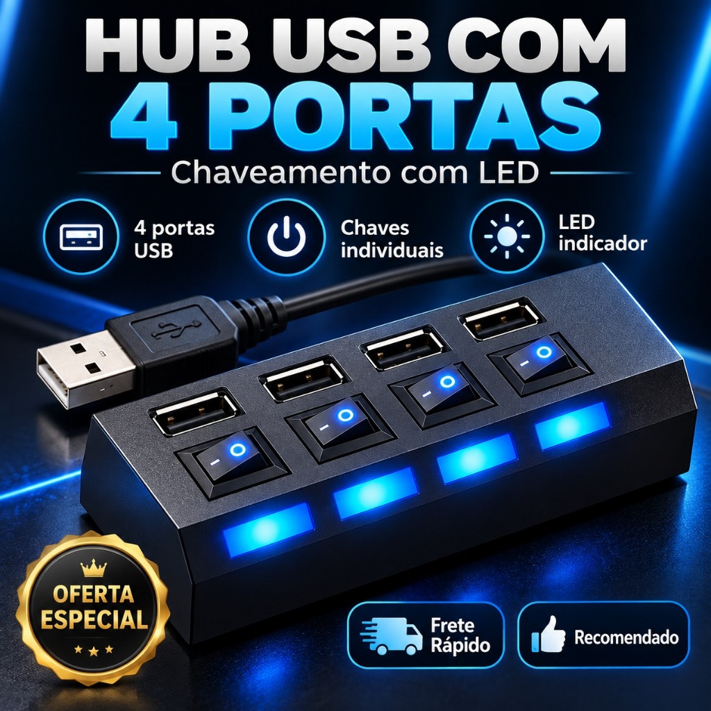 Hub Usb 2.0 4 Portas Expansor hub usb cabo hub usb Alta Velocidade com Led Indicador