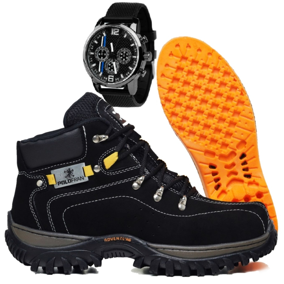 Kit Bota Preta Adventure Botina Polo Fran Masculina + Palmilha gel + Relógio