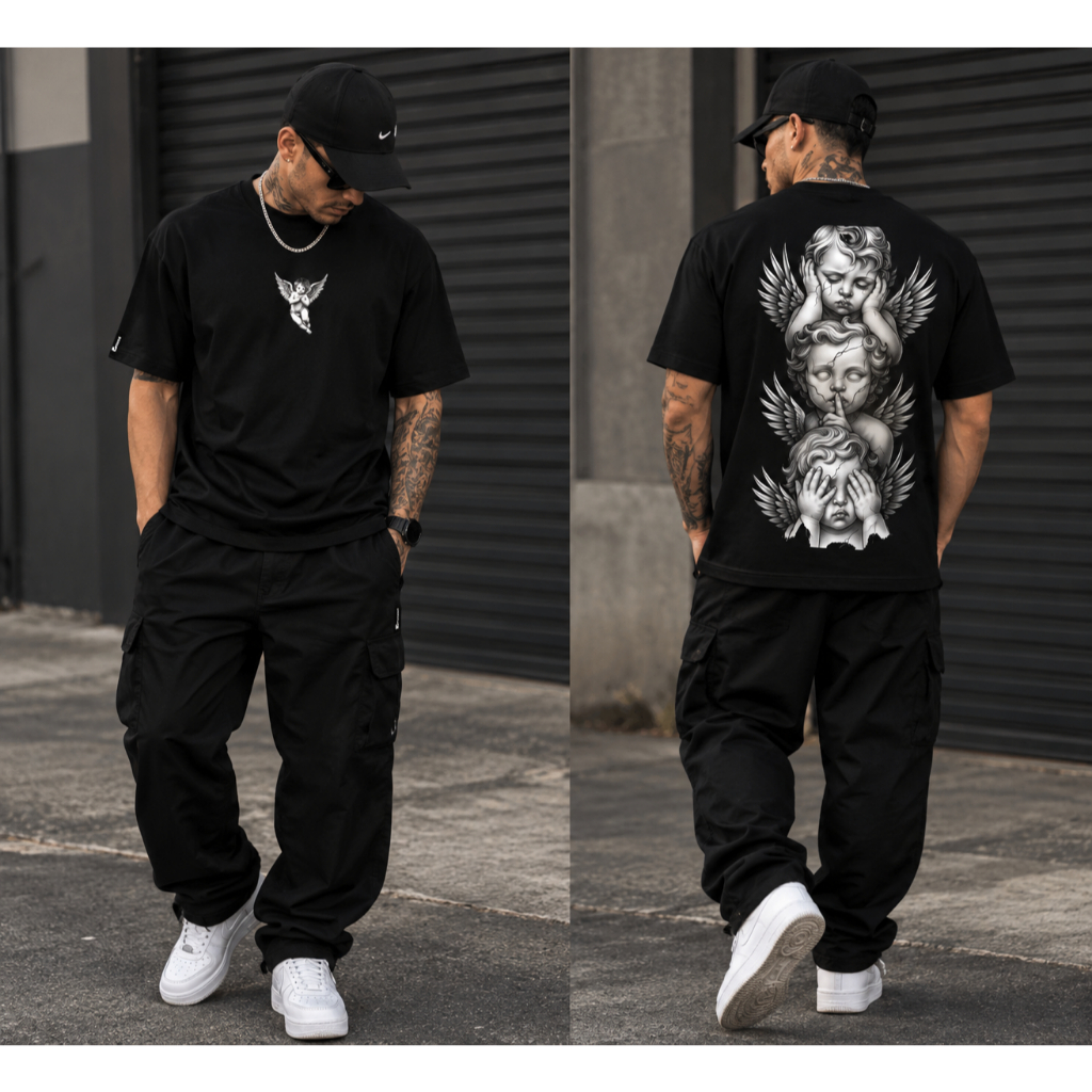 Camiseta Estampada Anjos Estilosa Streetwear Malha Diferenciada Top Algodão Moda Masculina