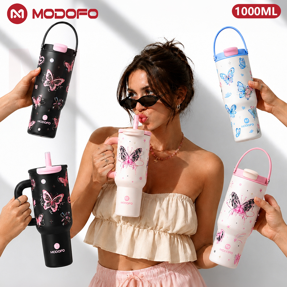 MODOFO Copo Termico Feminina Estampada Borboleta Inox 304 Garrafa Térmica com Canudo Alça Antivazamento