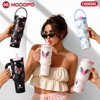 MODOFO Copo Termico Feminina Estampada Borboleta Inox 304 Garrafa Térmica com Canudo Alça Antivazamento