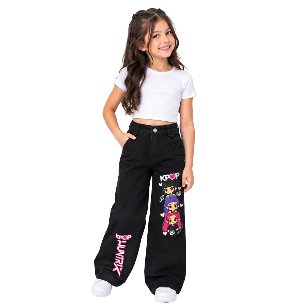Calça Jeans Wide Leg Juvenil Feminina Lavagem Marmorizada Cintura Média Moda Adolescente