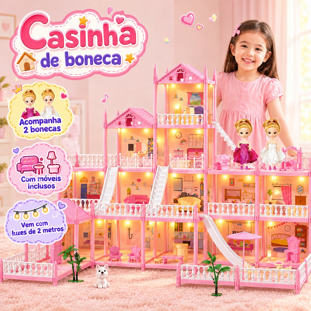 (luz) casinha de bonecas para meninas 16/14/8/7/4 Quartos jogos educativos pedagógicos briquedos dia das crianças