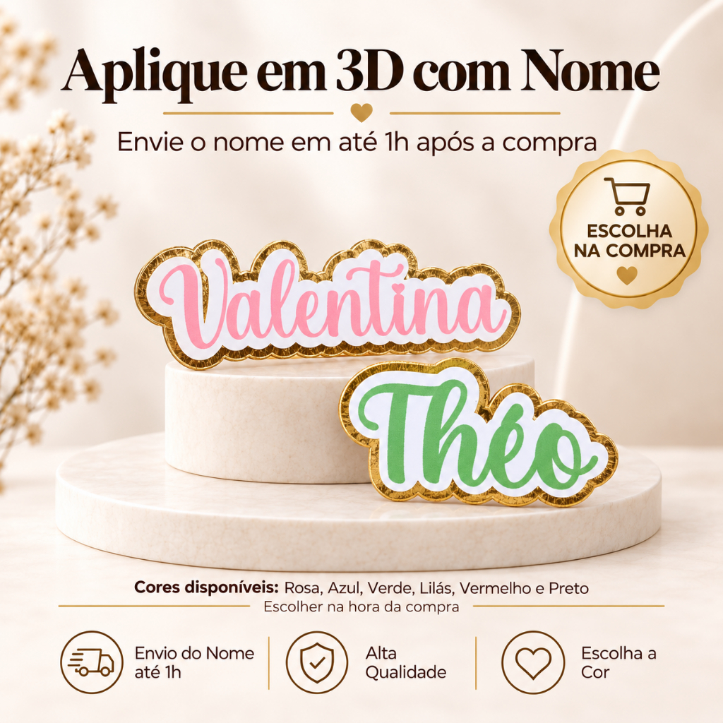Aplique Nome em 3D l Aplique Nome Personalizado 5cm com Lamicote Dourado | Festa e Lembrancinhas