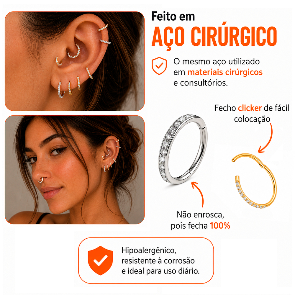 Piercing Argola Click com Zircônia em Aço Cirúrgico, Orelha, Nariz e Septo, Dourado — imagem 2 de 2