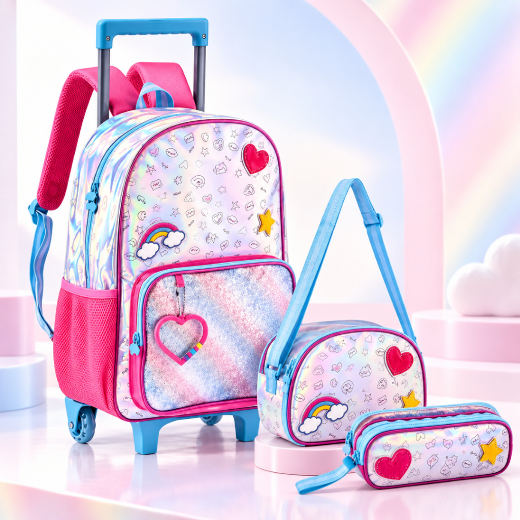 Kit Escolar Feminino Mochila de Rodinhas + Lancheira Térmica + Estojo Duplo Holográfico 3 Peças