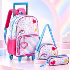 Kit Escolar Feminino Mochila de Rodinhas + Lancheira Térmica + Estojo Duplo Holográfico 3 Peças