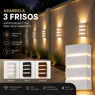 Kit 2 Arandelas de Parede 3 Frisos Soquete G9 Branco Preto Marrom