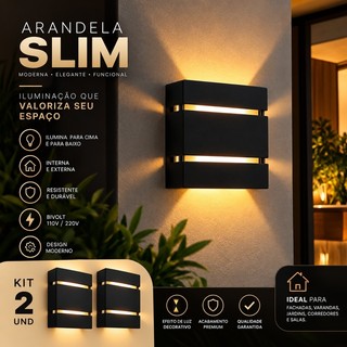 Kit 2 Arandelas Externas Interna Slim 2 Focos 2 Frisos Parede Muro Fachada Parede