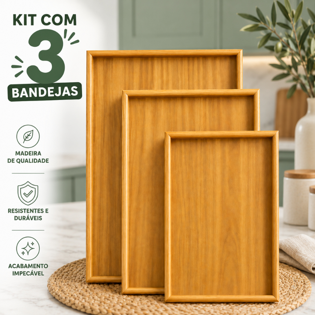 Kit 3 Bandejas De Bambu MDF Retangular Para Cozinha Servir Café da Manhã Decorar Conjunto Moderna e Elegante