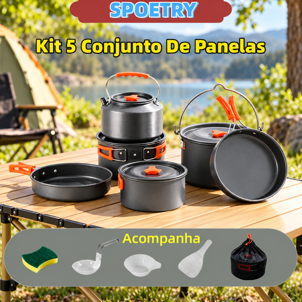 Kit 5 Conjunto De Panelas Ao Ar Livre De Acampamento 7-9 Pessoas Fogão Portátil Chaleira Utensílios Piquenique