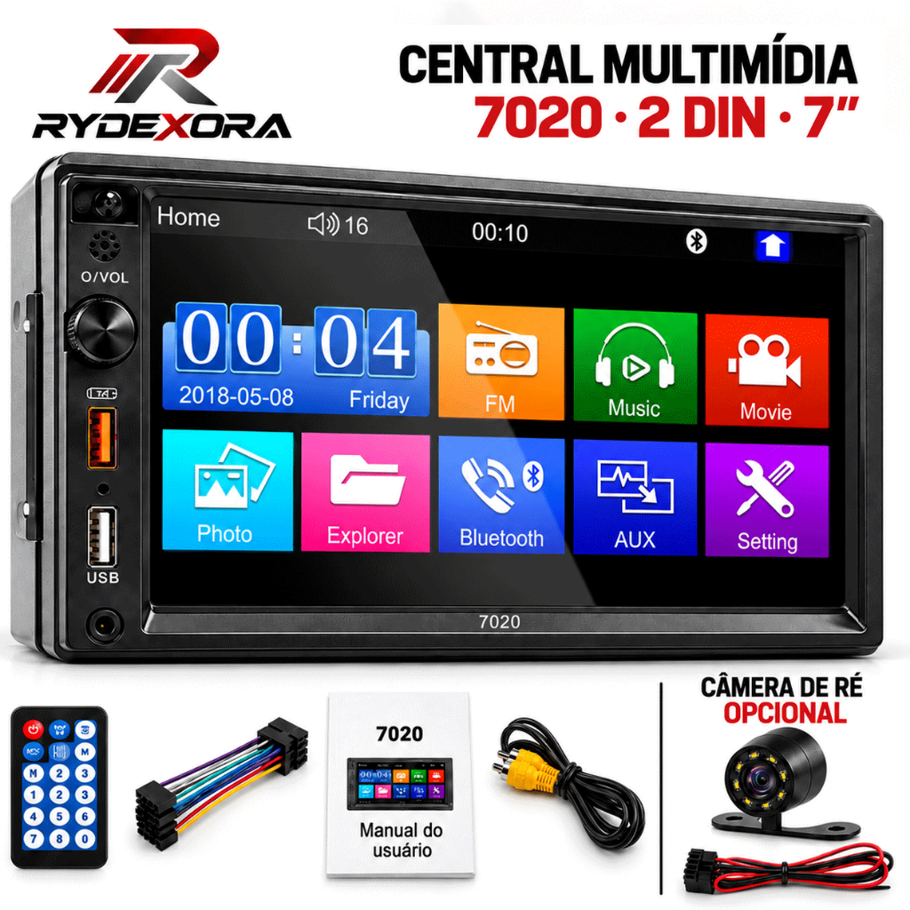 Central Multimídia MP5 2 Din 7 Polegadas Tela Touch Bluetooth Espelhamento Android iOS Câmera de Ré USB SD FM