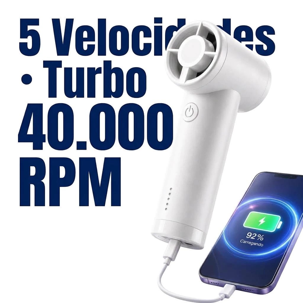 Mini Ventilador Turbo 40000 RPM Sem Fio Jato De Ar Portátil USB 5000mAh Recarregável Com Função Power Bank