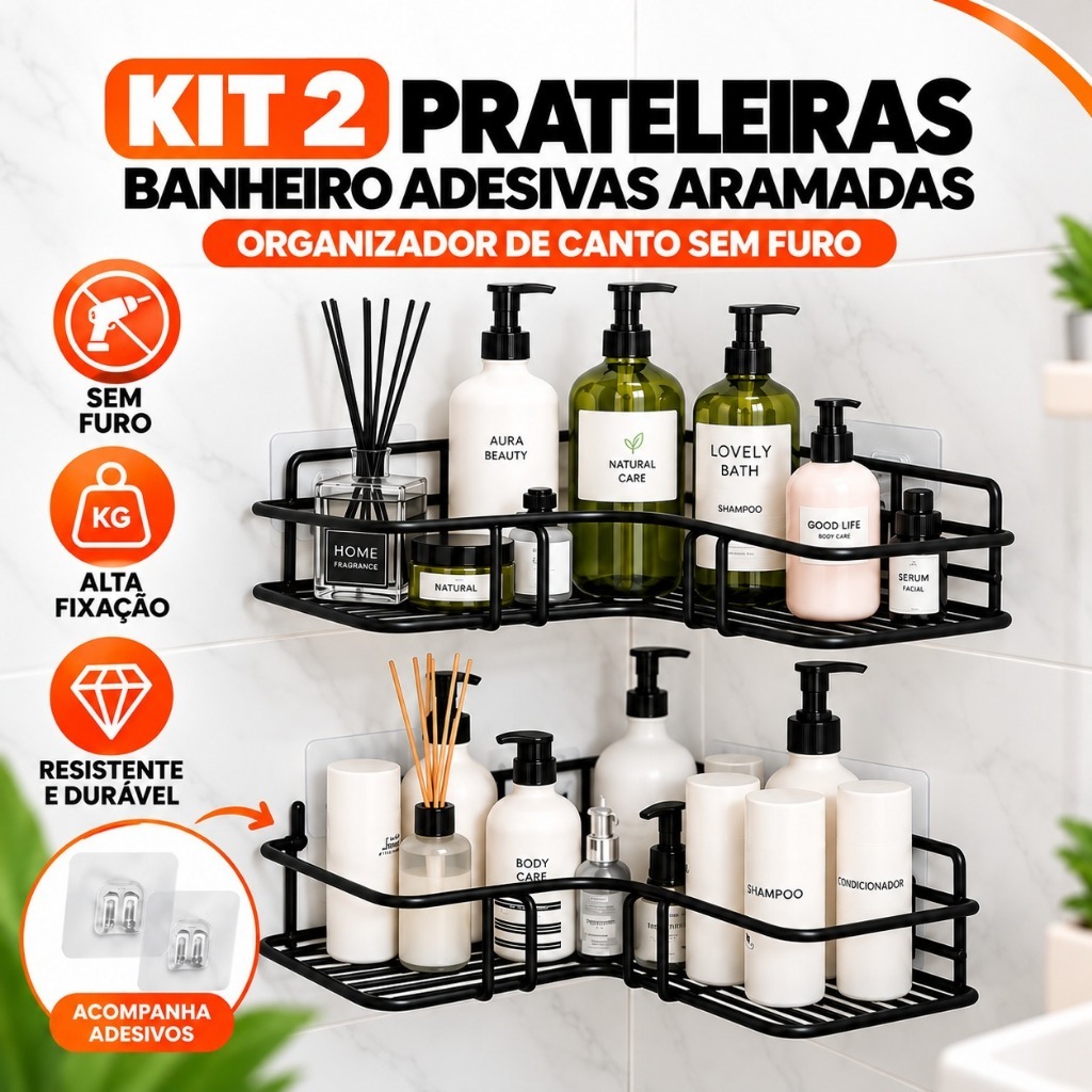 Kit 2 Prateleiras Banheiro Adesivas Aramadas Organizador de Canto Sem Furo Para Shampoo Sabonete