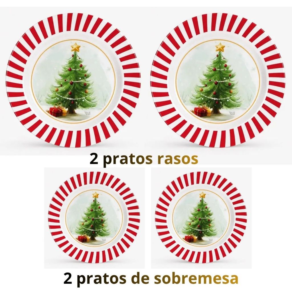 Kit 4 Pratos de Melamina Natal  2 Rasos + 2 Sobremesas Wincy Natal