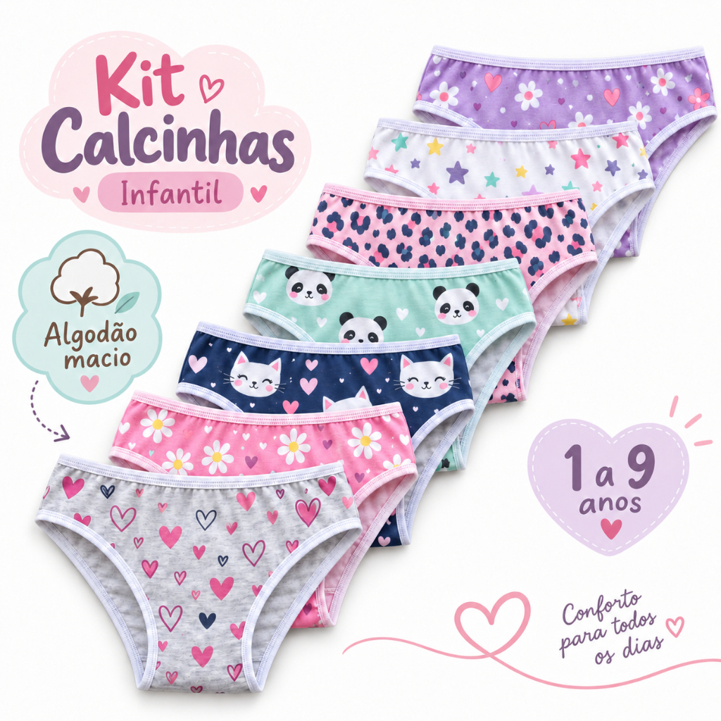 Kit 10 Calcinhas Feminina Infantil em Algodão Com Forro Estampada Confortável 1 a 9 anos