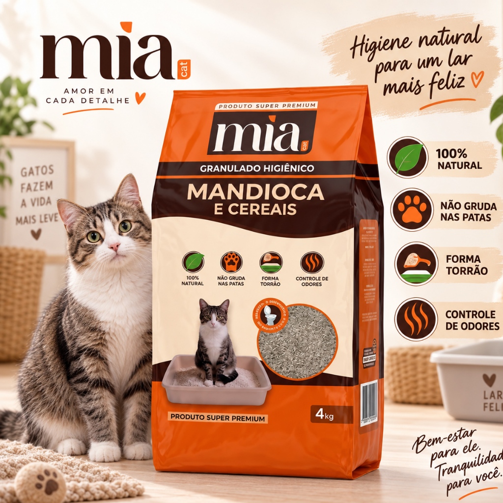 Areia Higienica Biodegradavel Mia Cat Gato Granulado 4kg Torrão Sem Odor Cereal Mandioca