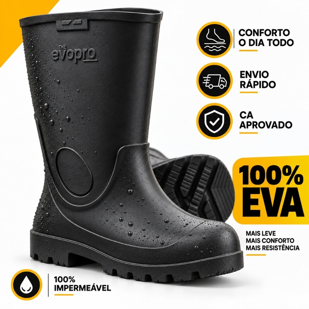 Bota Impermeável Preta EVA Antiderrapante Ultraleve Cano Médio Galocha Trabalho Industrial Frigorífico EPI Com CA