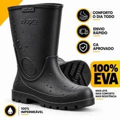 Bota Impermeável Preta EVA Antiderrapante Ultraleve Cano Médio Galocha Trabalho Industrial Frigorífico EPI Com CA