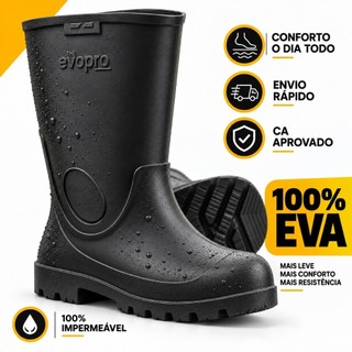 Bota Impermeável Preta EVA Antiderrapante Ultraleve Cano Médio Galocha Trabalho Industrial Frigorífico EPI Com CA