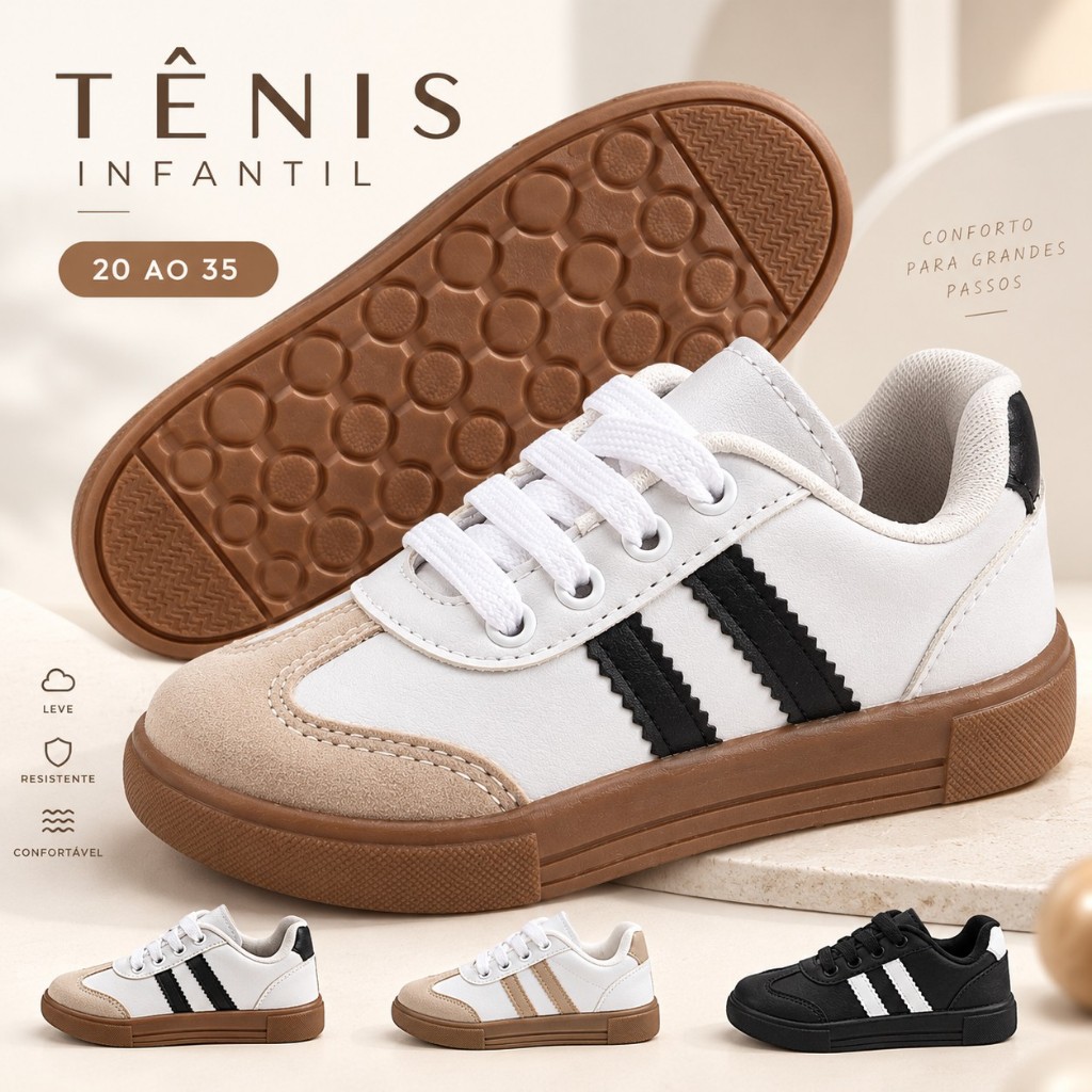 Tênis infantil casual moderno e confortável modinha