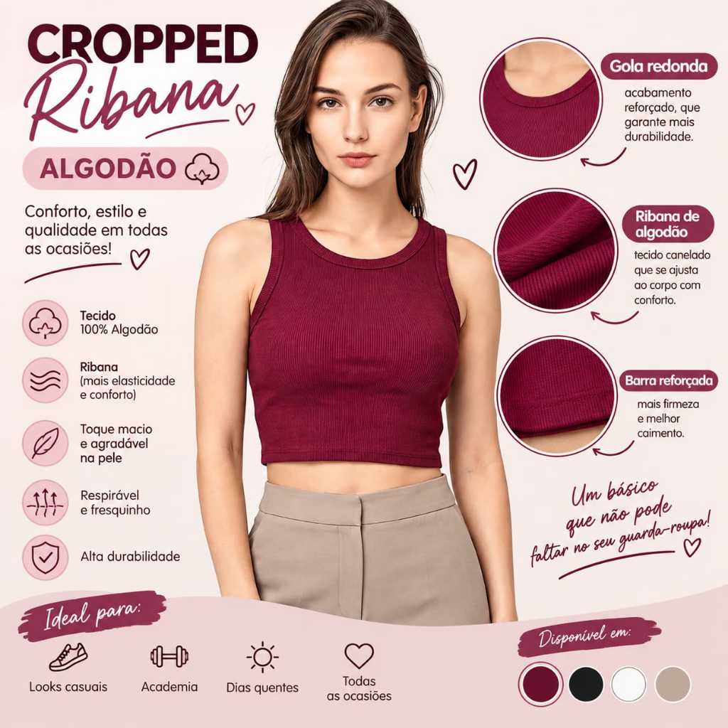 Top Cropped Ribana Canelado Premium Gola U 100% Algodão Tendencia Regata Nadador Casual Versatil Moda Feminina
