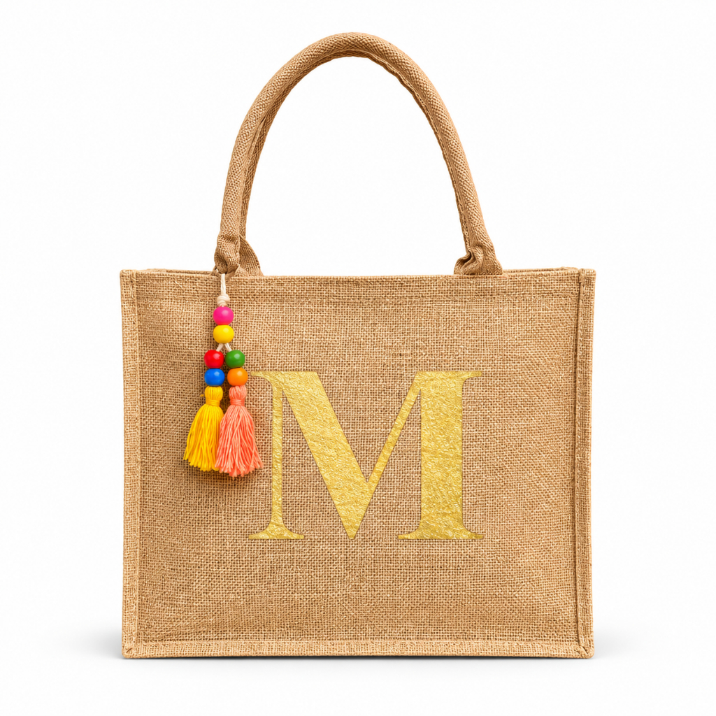 Bolsa Juta Personalizada Letra Dourada Brinde Inicial Praia Ecologica