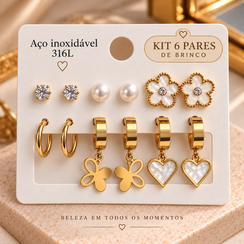 Kit 6 Pares de Brincos em Aço Inoxidável Dourado | Deligado e Elegante