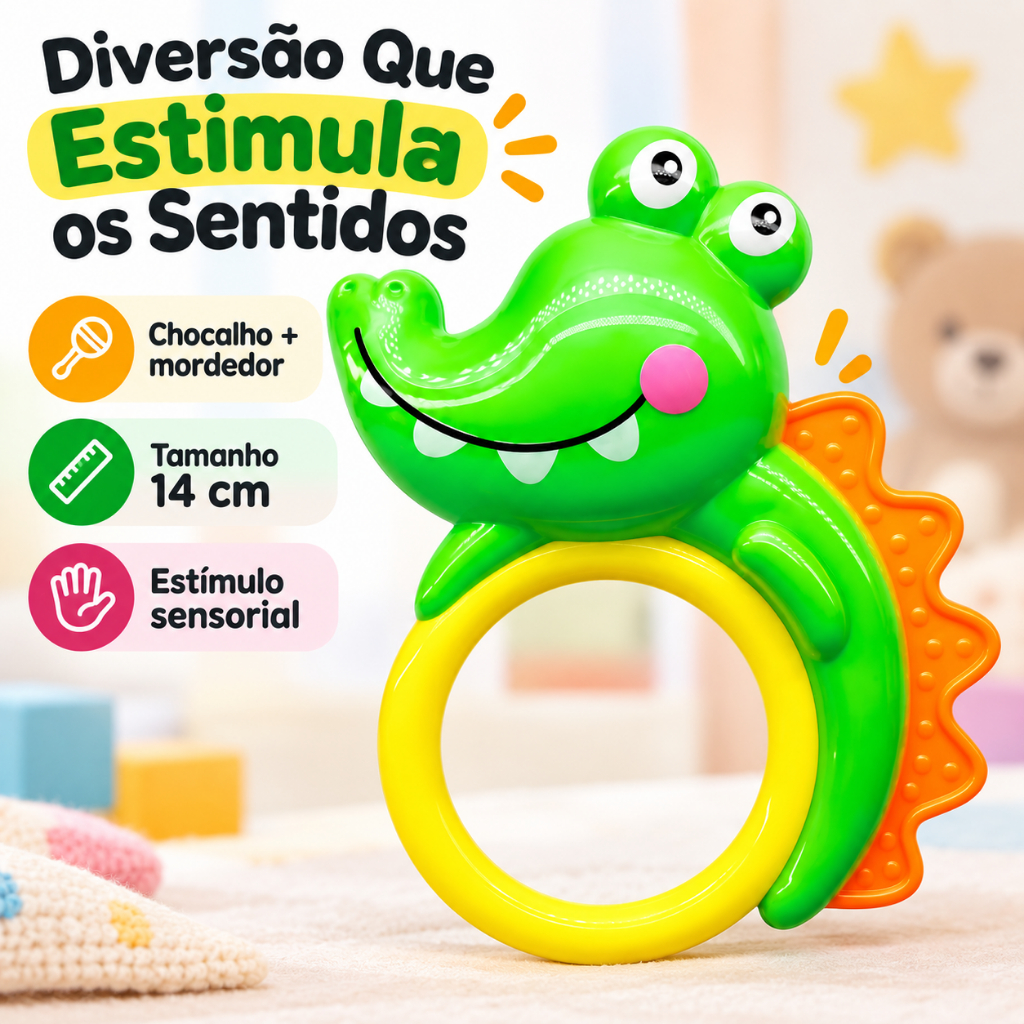 Brinquedo Chocalho Crocodilo Bebê 14cm Infantil com Som Colorido 4+ Meses Estímulo Sensorial Menino Menina Presente